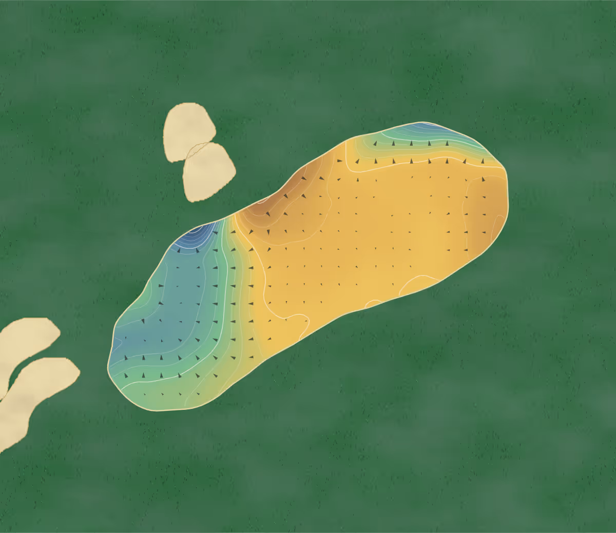 Green contour map of Seacroft in Skegness, England: 142 elevation contours at a 8-centimeter interval with fall-line arrows, traced from 1-meter lidar
