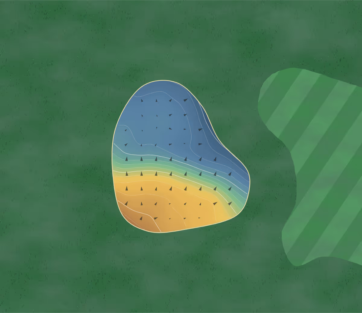 Green contour map of Seaford College Golf Academy in Chichester, United Kingdom: 70 elevation contours at a 8-centimeter interval with fall-line arrows, traced from 1-meter lidar