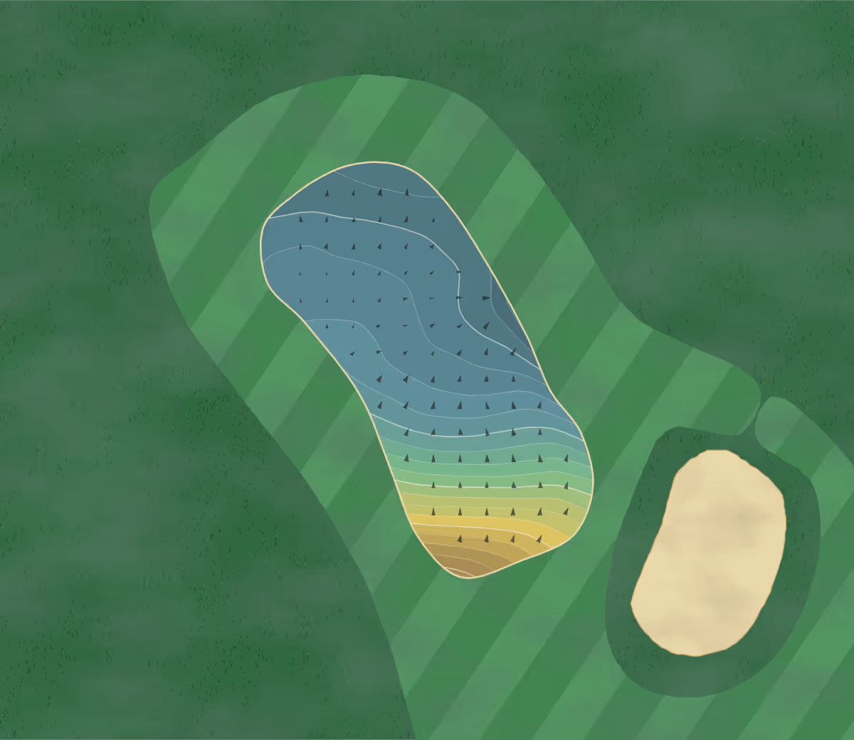 Green contour map of Seaham GC in Seaham, England — 258 elevation contours at a 8-centimeter interval with fall-line arrows, traced from 1-meter lidar