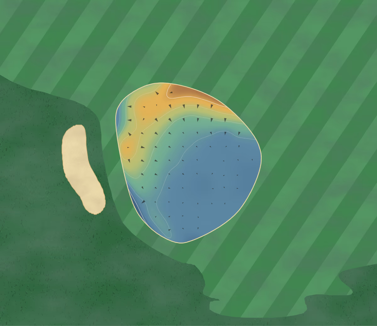 Green contour map of Seahouses in Seahouses, England: 10 elevation contours at a 8-centimeter interval with fall-line arrows, traced from 1-meter lidar