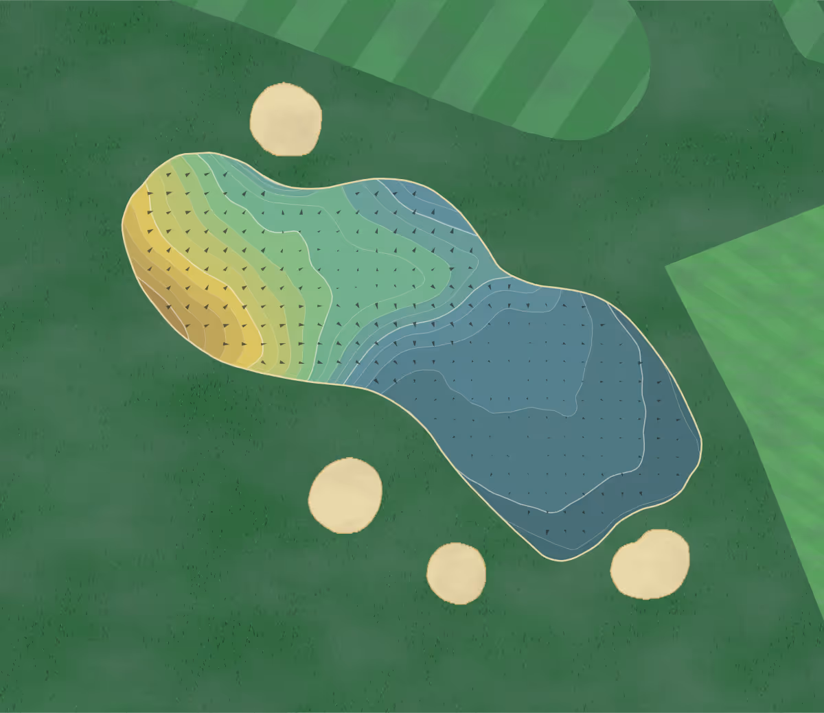 Green contour map of Seascale GC in Seascale, England — 207 elevation contours at a 8-centimeter interval with fall-line arrows, traced from 1-meter lidar