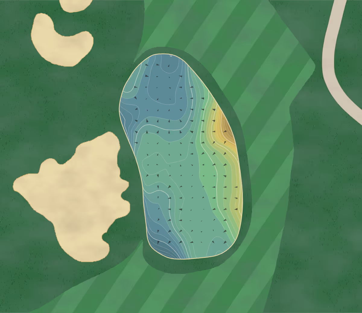 Green contour map of Sebonack in Southampton, New York — 454 elevation contours at a 3-inch interval with fall-line arrows, traced from 1-meter lidar