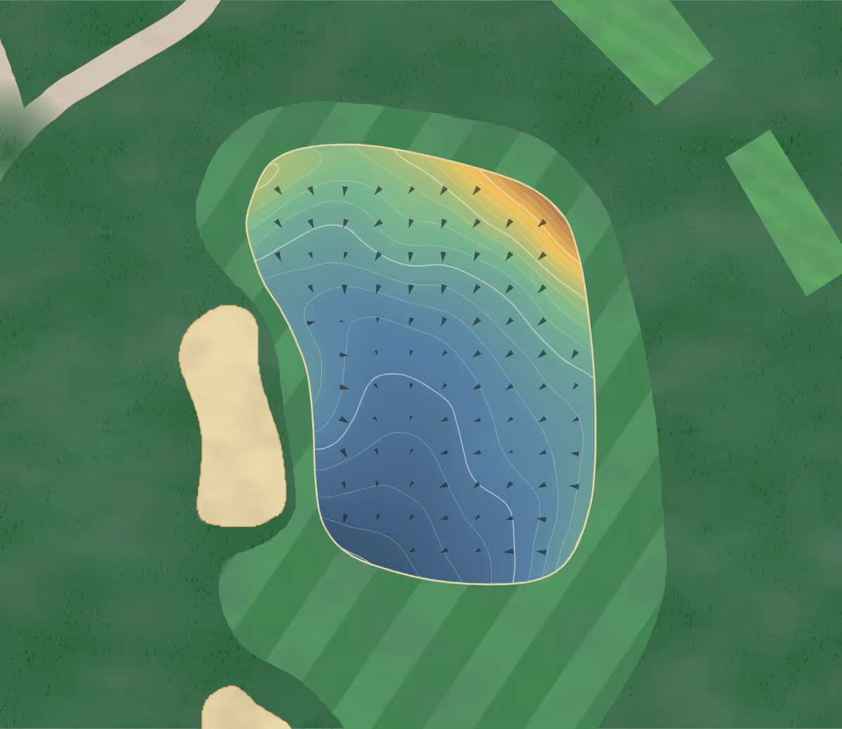 Green contour map of Sedgefield in Greensboro, North Carolina: 282 elevation contours at a 3-inch interval with fall-line arrows, traced from 1-meter lidar