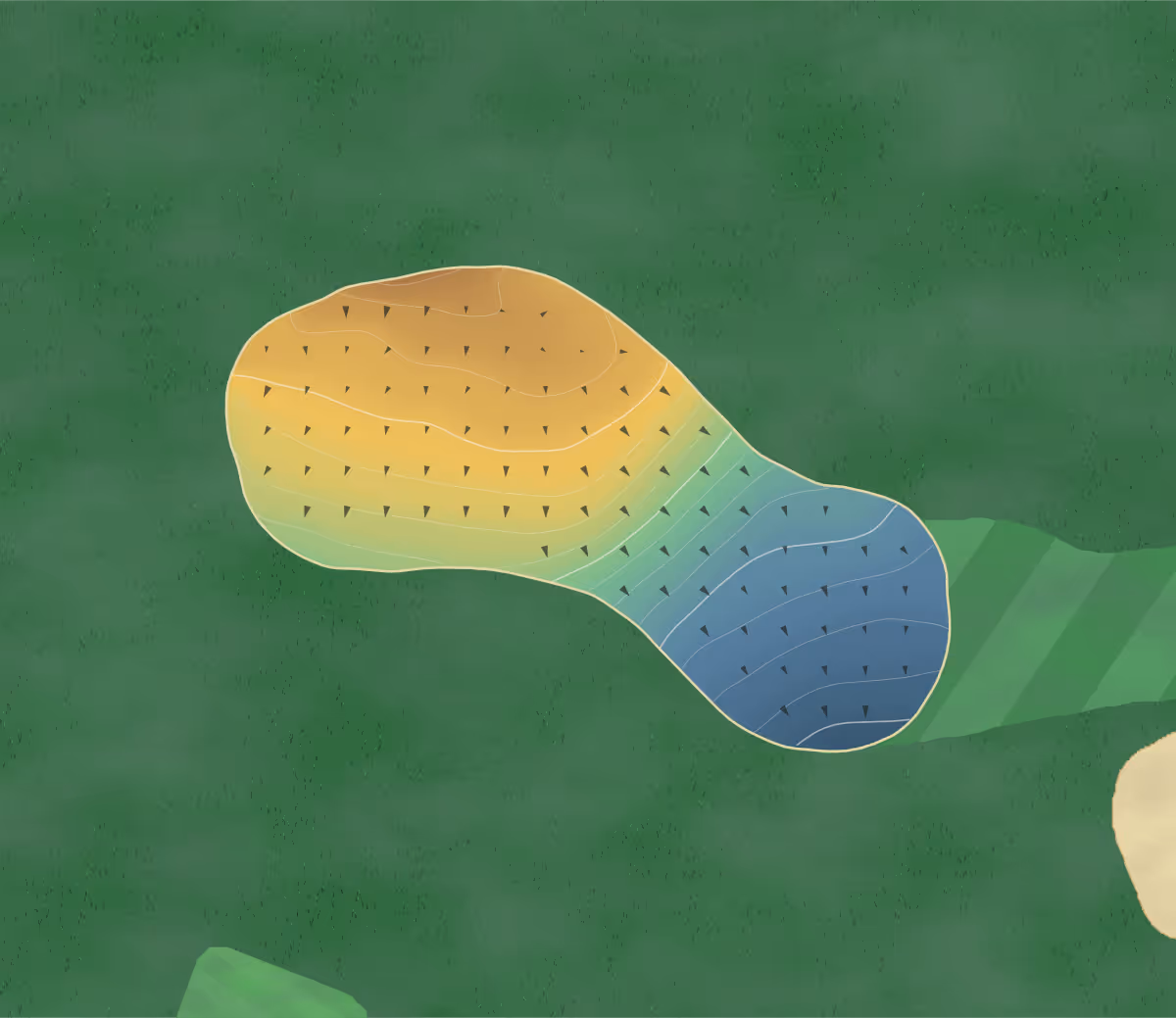 Green contour map of Sene Valley in Hythe, England: 141 elevation contours at a 8-centimeter interval with fall-line arrows, traced from 1-meter lidar