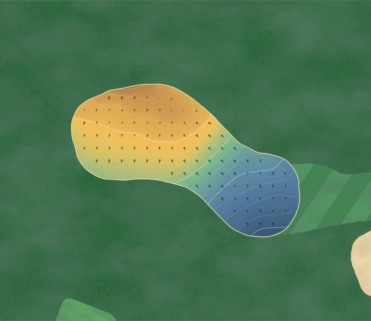 Green contour map of Sene Valley in Hythe, England — 138 elevation contours at a 8-centimeter interval with fall-line arrows, traced from 1-meter lidar