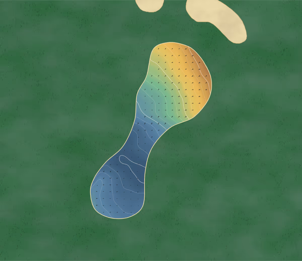 Green contour map of Serlby Park in Doncaster, England — 58 elevation contours at a 8-centimeter interval with fall-line arrows, traced from 1-meter lidar