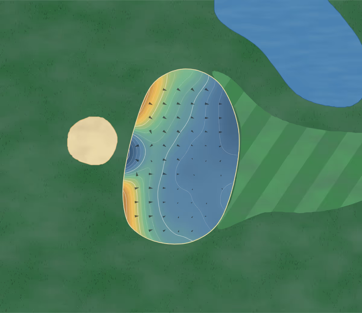 Green contour map of Settlers Ghost in Barrie, Canada: 99 elevation contours at a 8-centimeter interval with fall-line arrows, traced from 1-meter lidar