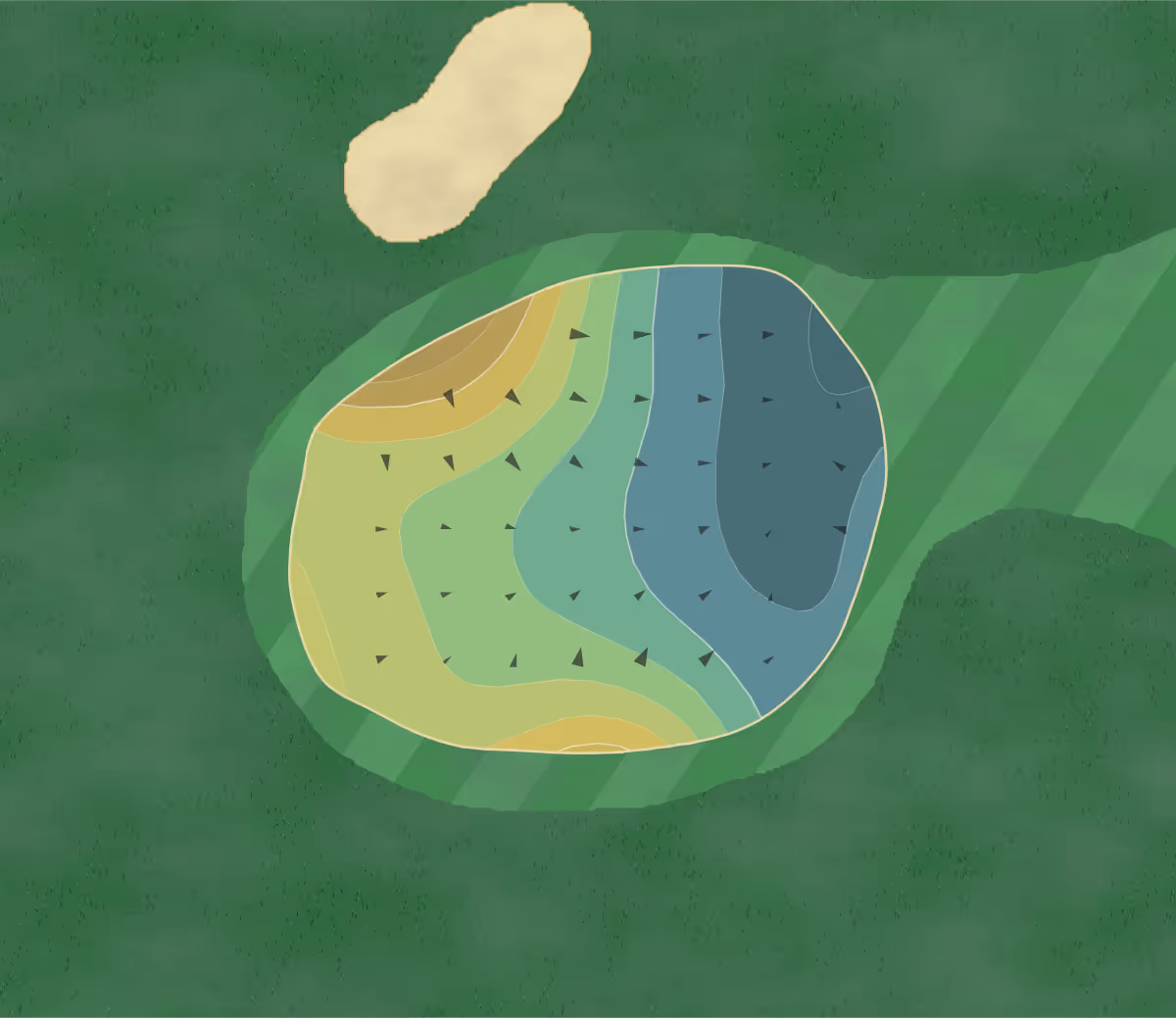 Green contour map of Seven Lakes in Palm Springs, California — 8 elevation contours at a 3-inch interval with fall-line arrows, traced from 1-meter lidar
