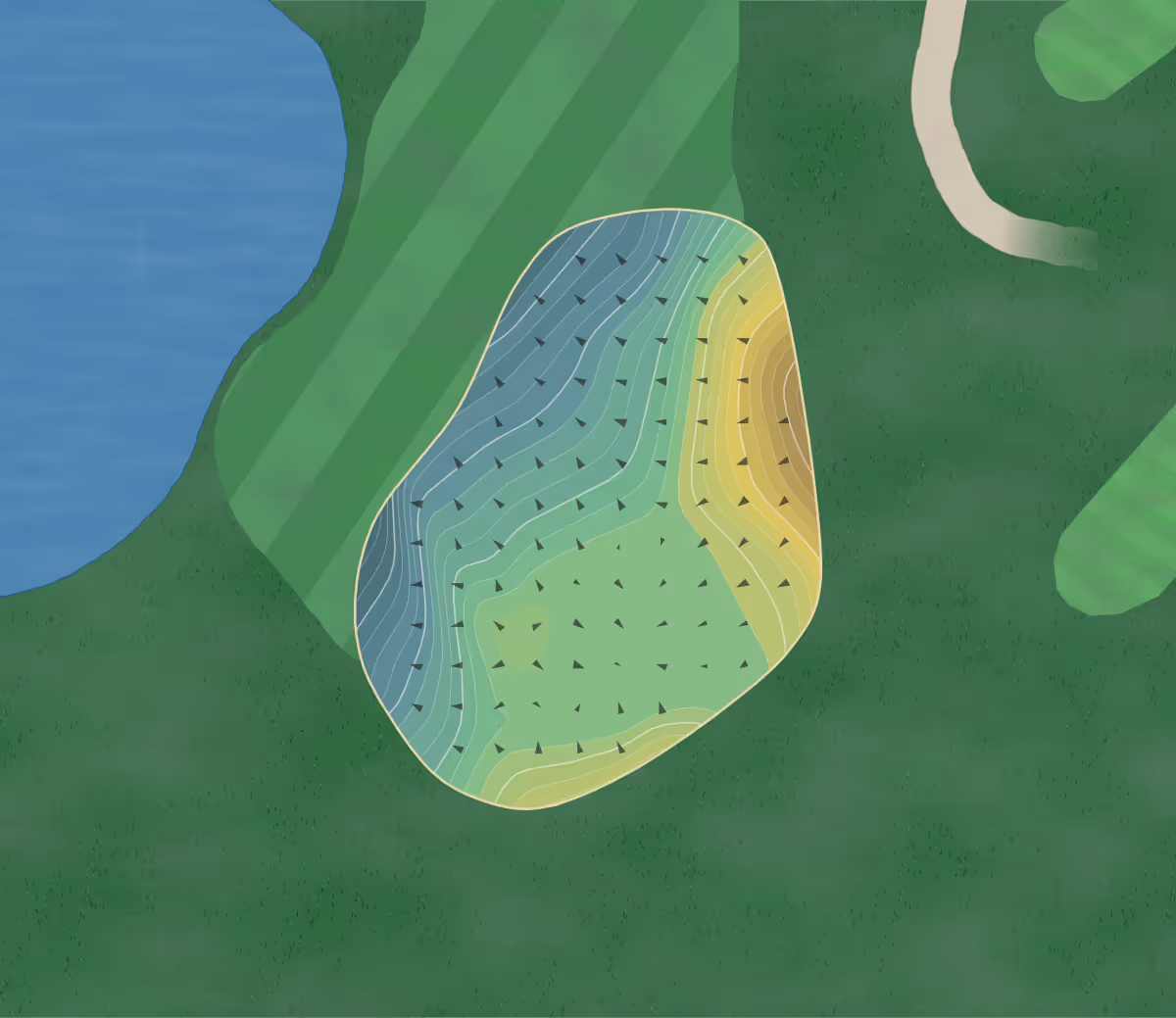 Green contour map of Severiano Ballesteros in Crans-Montana, Switzerland — 377 elevation contours at a 8-centimeter interval with fall-line arrows, traced from 1-meter lidar