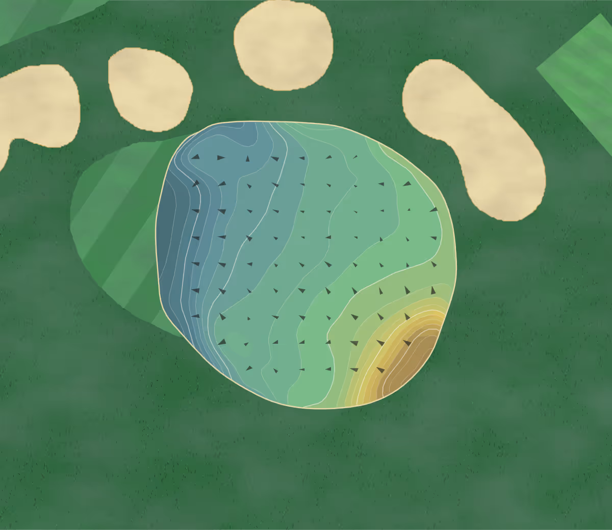Green contour map of Shackamaxon CC in Scotch Plains, New Jersey — 171 elevation contours at a 3-inch interval with fall-line arrows, traced from 1-meter lidar