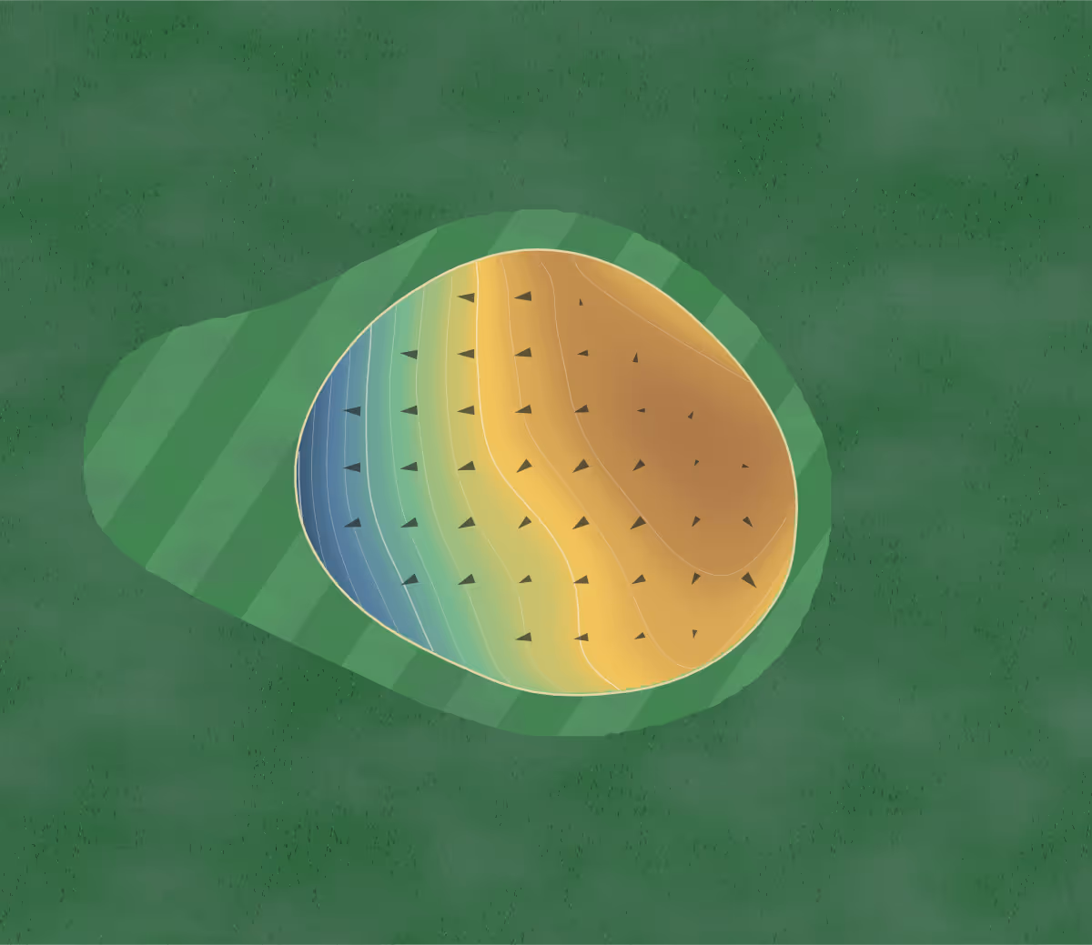 Green contour map of Shadowood Gc in Seymour, Indiana — 65 elevation contours at a 3-inch interval with fall-line arrows, traced from 1-meter lidar