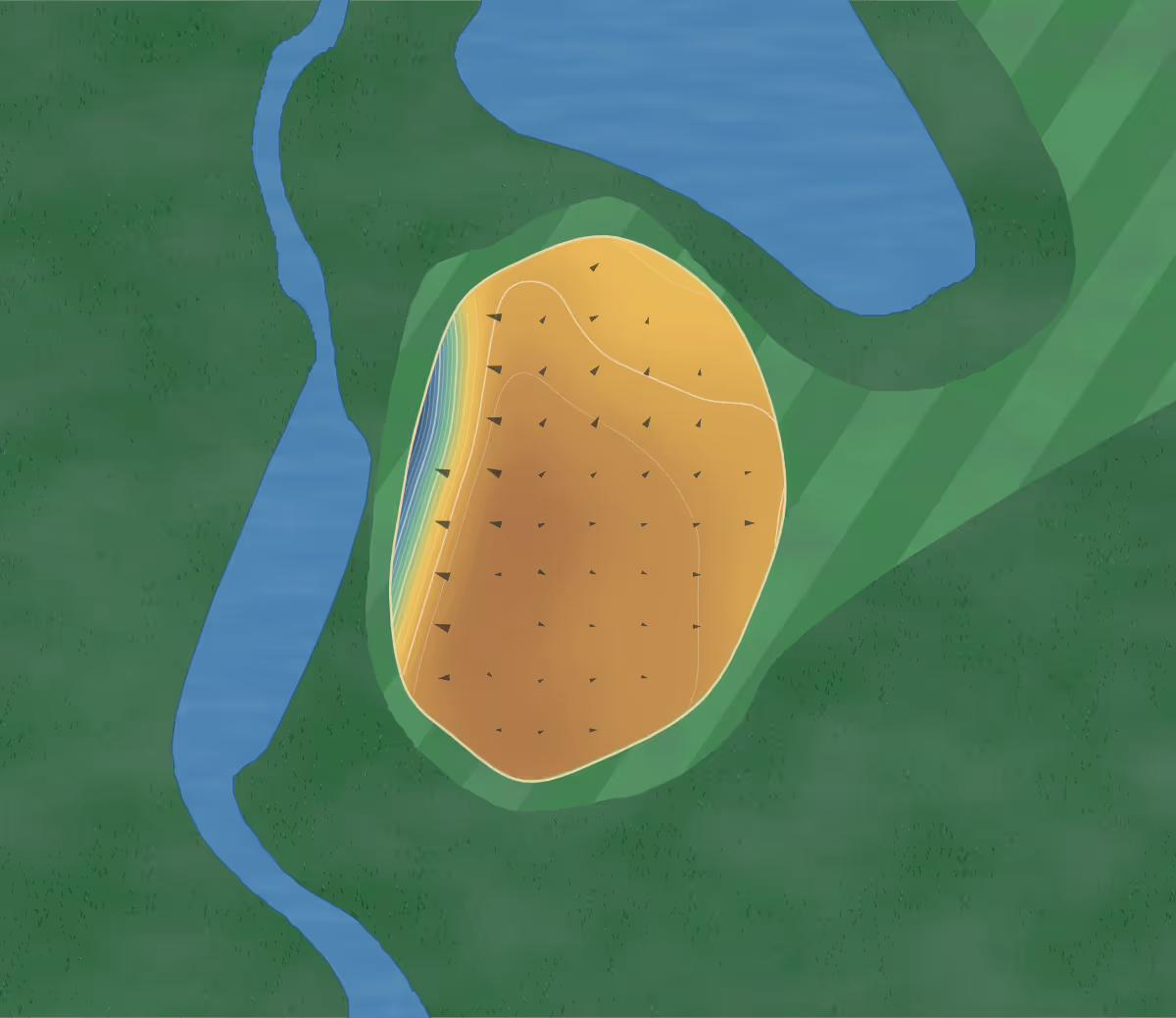 Green contour map of Shady Hills in Marion, Indiana — 181 elevation contours at a 3-inch interval with fall-line arrows, traced from 1-meter lidar