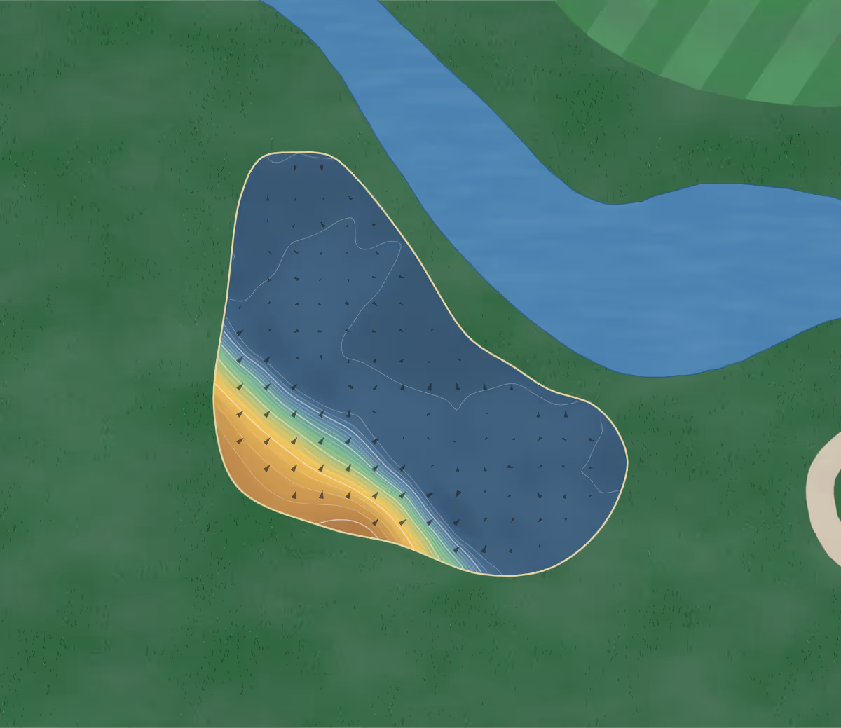 Green contour map of Shaganappi Valley 9 in Calgary, Canada: 91 elevation contours at a 8-centimeter interval with fall-line arrows, traced from 1-meter lidar