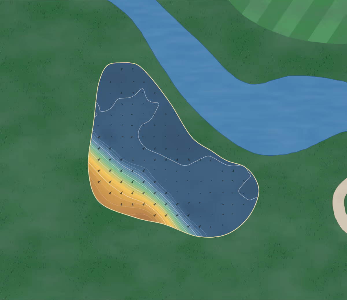 Green contour map of Shaganappi Valley 9 in Calgary, Canada — 92 elevation contours at a 8-centimeter interval with fall-line arrows, traced from 1-meter lidar