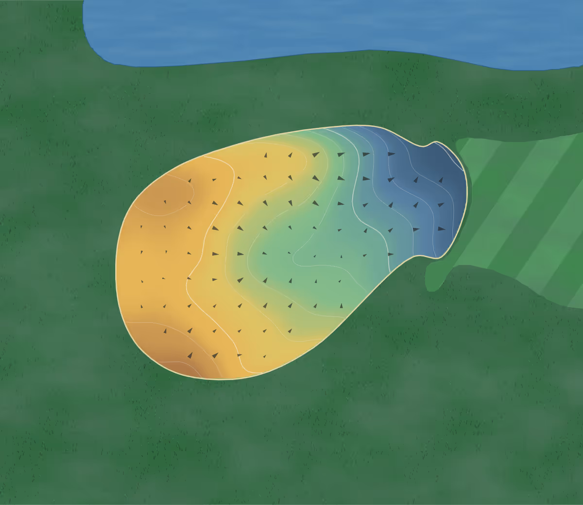 Green contour map of Shambolee in Petersburg, Illinois: 148 elevation contours at a 3-inch interval with fall-line arrows, traced from 1-meter lidar