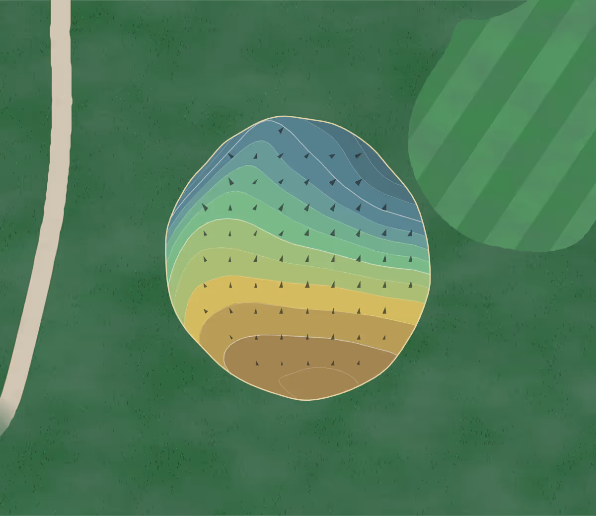 Green contour map of Shamrock Hills in Lee's Summit, Missouri — 194 elevation contours at a 3-inch interval with fall-line arrows, traced from 1-meter lidar