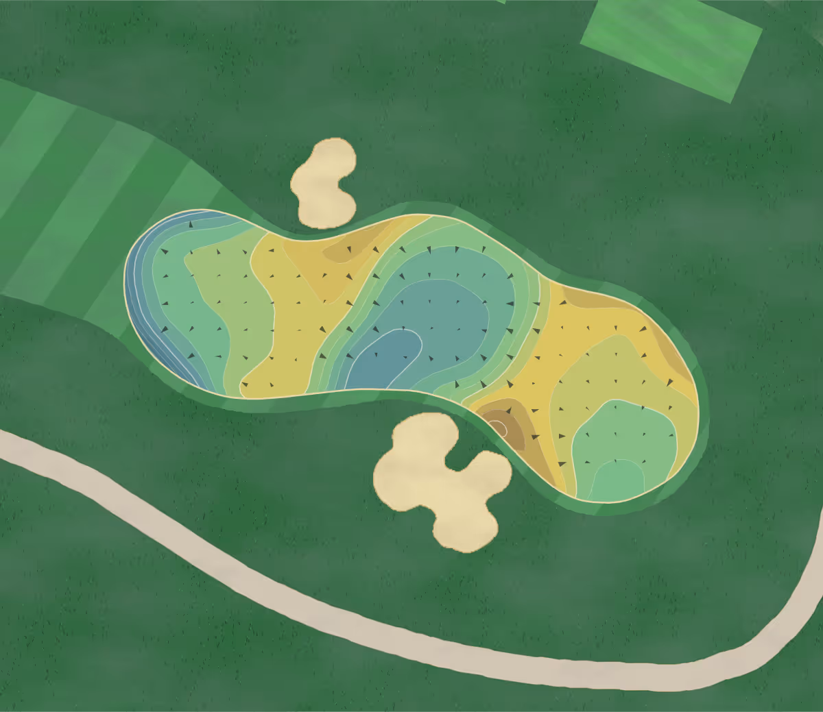 Green contour map of Shangri La in Afton, Oklahoma — 257 elevation contours at a 3-inch interval with fall-line arrows, traced from 1-meter lidar