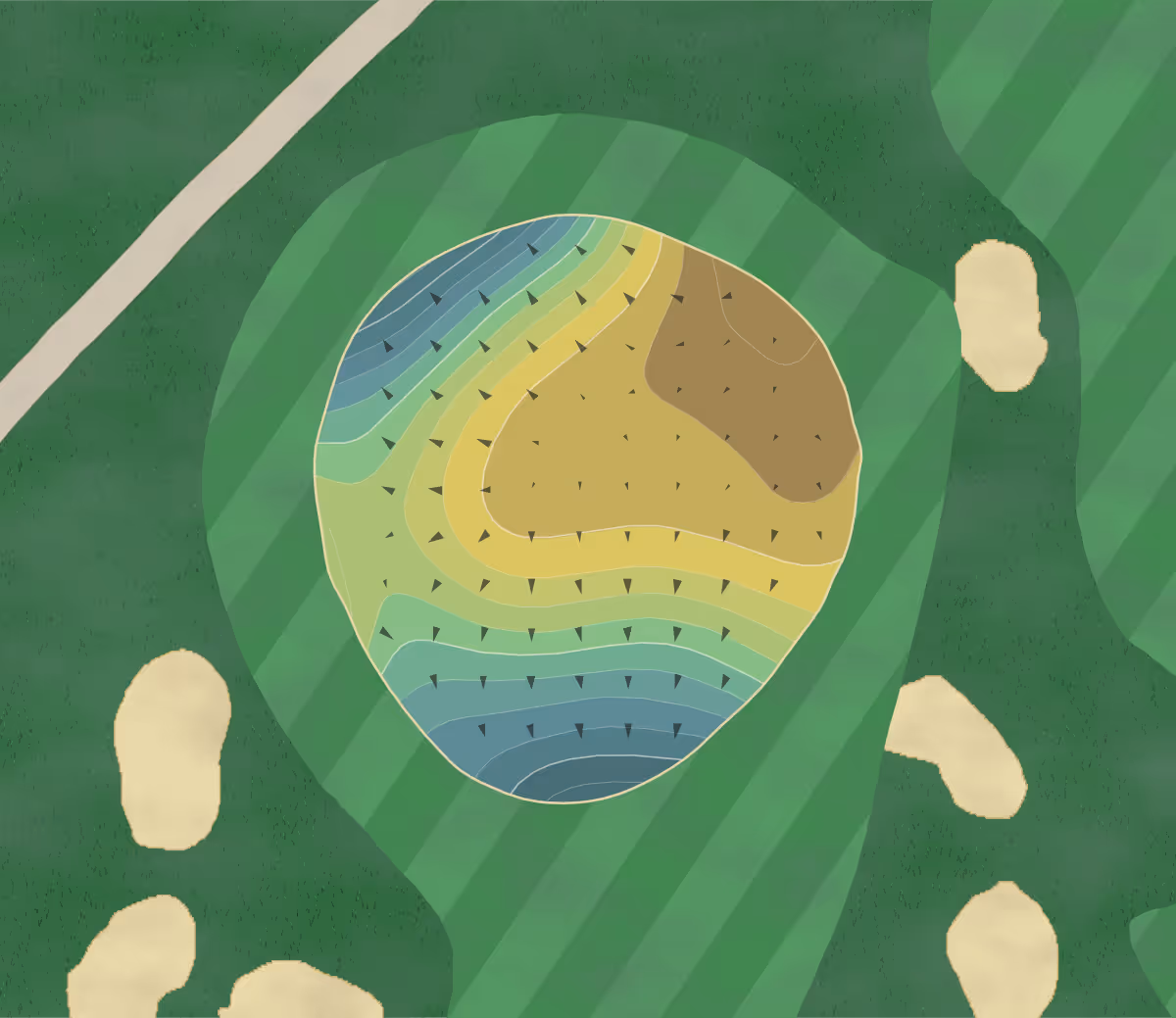 Green contour map of Sharp Park in Pacifica, California — 210 elevation contours at a 3-inch interval with fall-line arrows, traced from 1-meter lidar