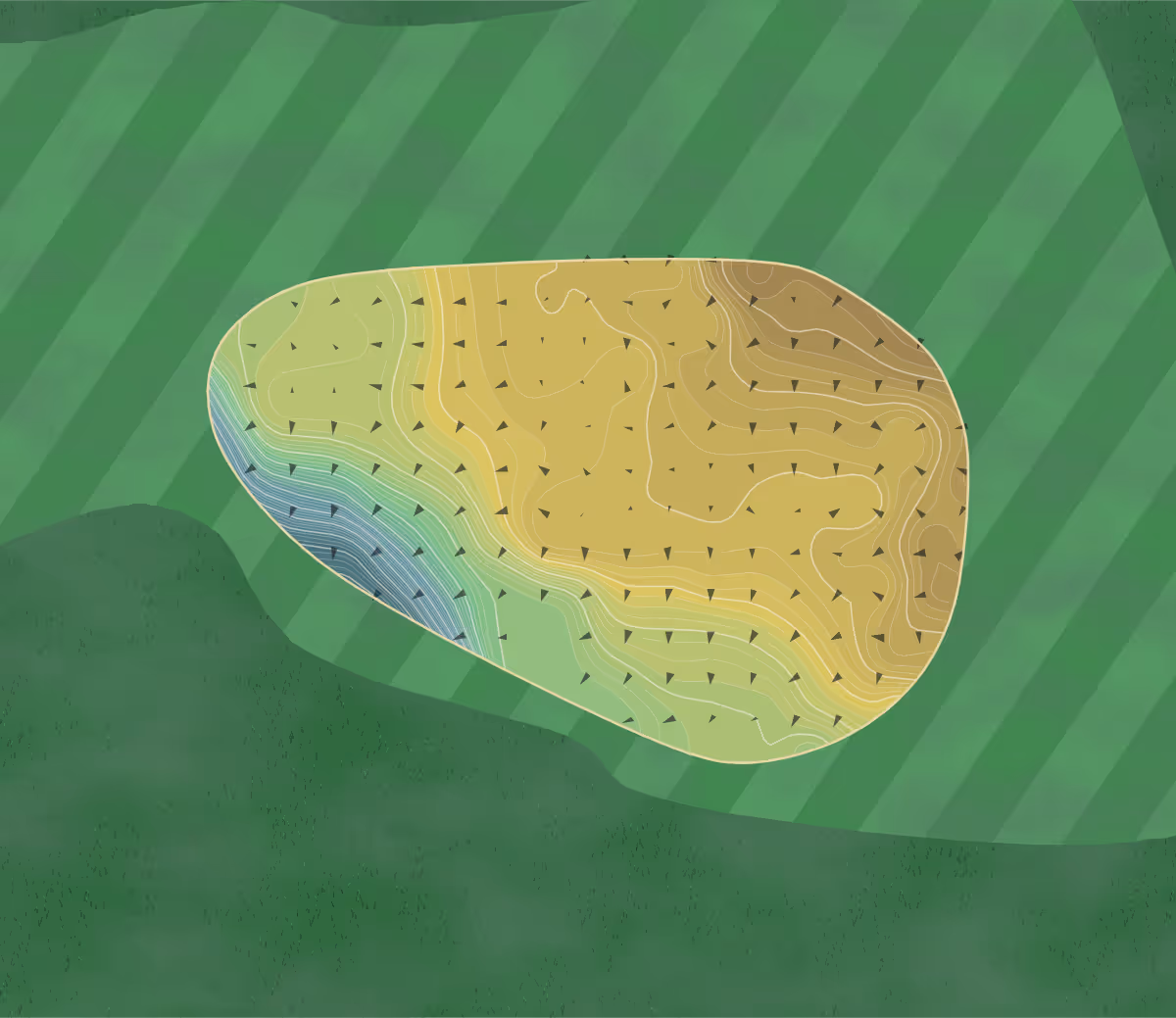 Green contour map of Bandon Sheep Ranch in Bandon, Oregon — 376 elevation contours at a 3-inch interval with fall-line arrows, traced from 1-meter lidar