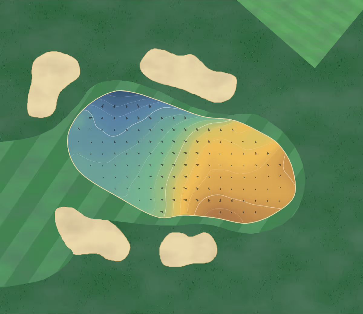 Green contour map of Sheerness in Sheerness, England — 90 elevation contours at a 8-centimeter interval with fall-line arrows, traced from 1-meter lidar