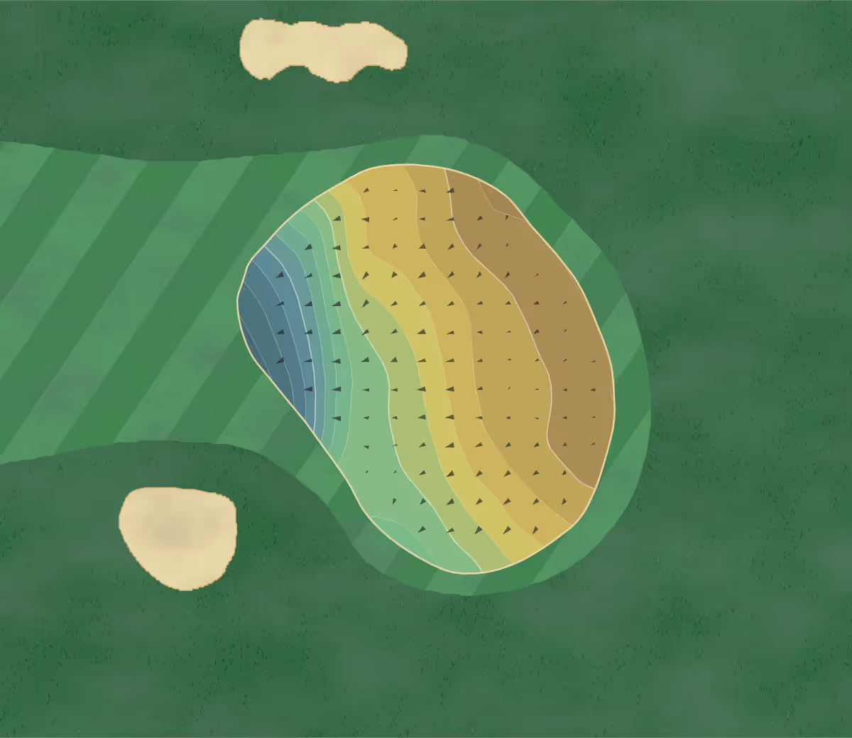 Green contour map of Sheringham GC in Sheringham, England — 141 elevation contours at a 8-centimeter interval with fall-line arrows, traced from 1-meter lidar