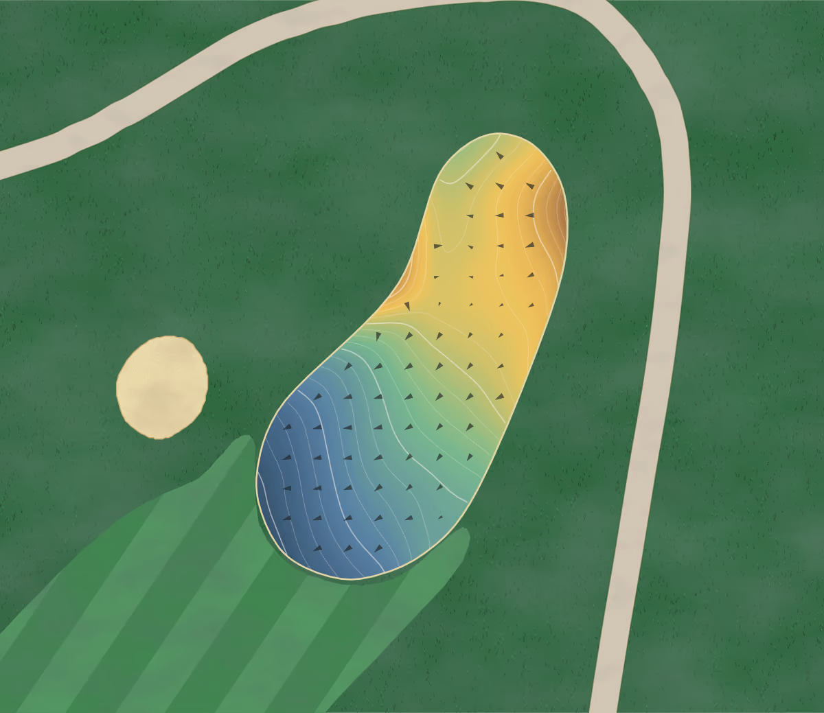 Green contour map of Shiloh Ridge Athletic in Iuka, Mississippi: 197 elevation contours at a 3-inch interval with fall-line arrows, traced from 1-meter lidar