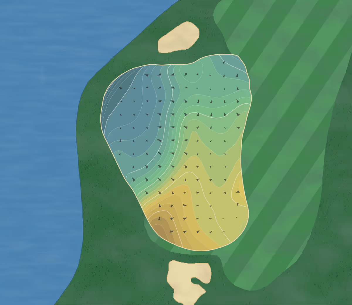 Green contour map of Shingle Creek in Orlando, Florida — 285 elevation contours at a 3-inch interval with fall-line arrows, traced from 1-meter lidar