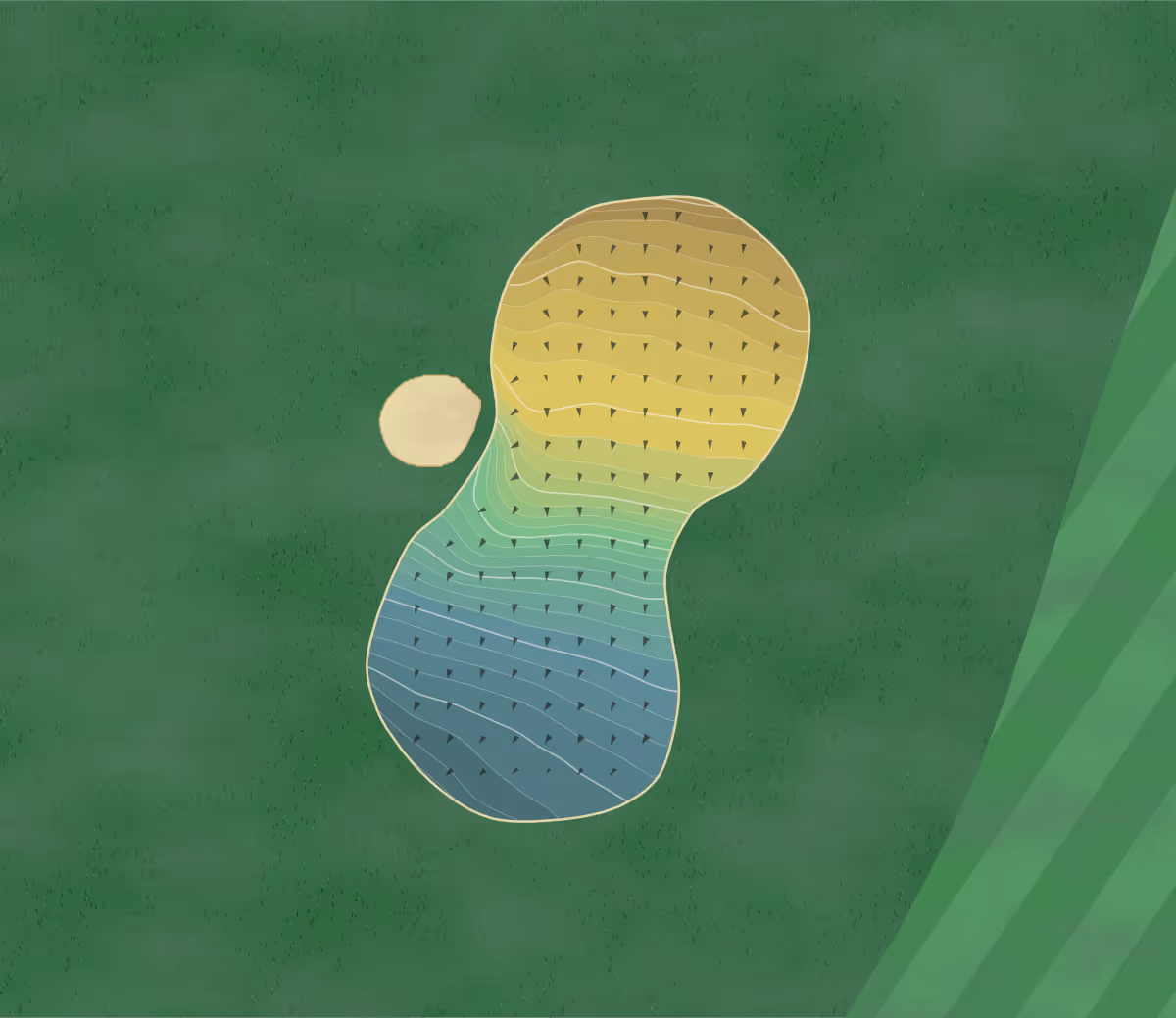 Green contour map of Shirland GC in Alfreton, England — 233 elevation contours at a 8-centimeter interval with fall-line arrows, traced from 1-meter lidar