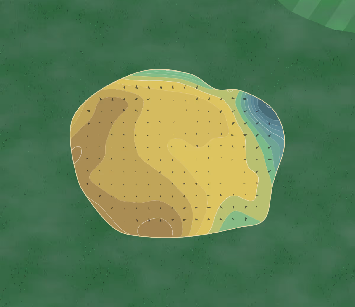 Green contour map of Shirley GC in Solihull, England — 191 elevation contours at a 8-centimeter interval with fall-line arrows, traced from 1-meter lidar