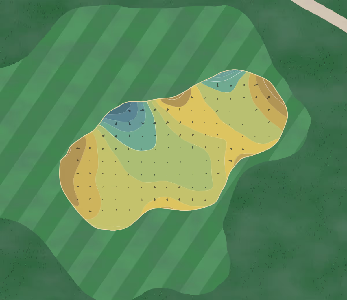 Green contour map of Shoal Creek in Kansas City, Missouri — 218 elevation contours at a 3-inch interval with fall-line arrows, traced from 1-meter lidar