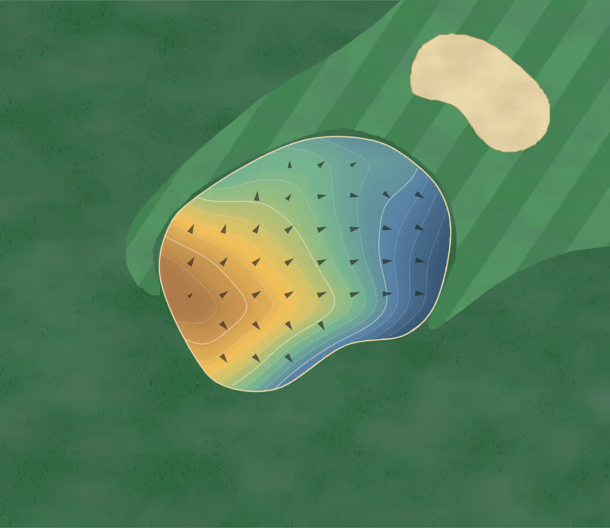 Green contour map of Shonai River in Nagoya, Japan: 128 elevation contours at a 8-centimeter interval with fall-line arrows, traced from 1-meter lidar