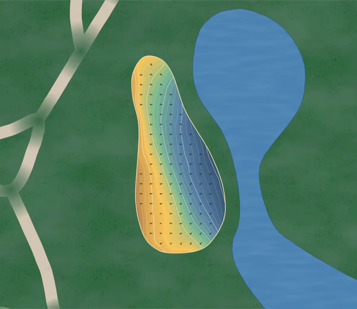 Green contour map of Shooters Golf in Winnipeg, Canada: 210 elevation contours at a 8-centimeter interval with fall-line arrows, traced from 1-meter lidar