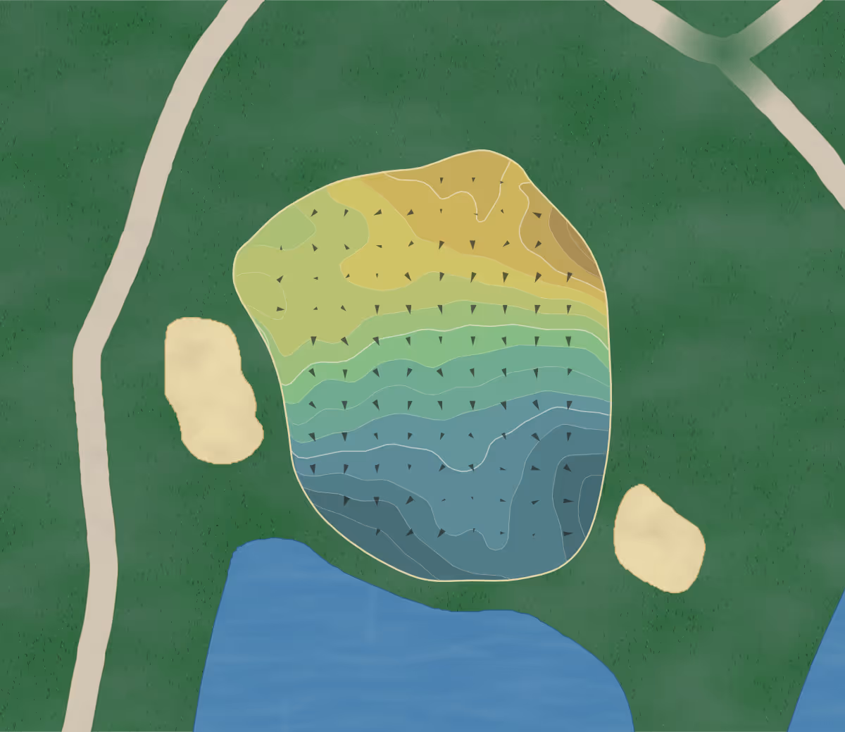 Green contour map of Shorehaven GC in East Norwalk, Connecticut — 300 elevation contours at a 3-inch interval with fall-line arrows, traced from 1-meter lidar