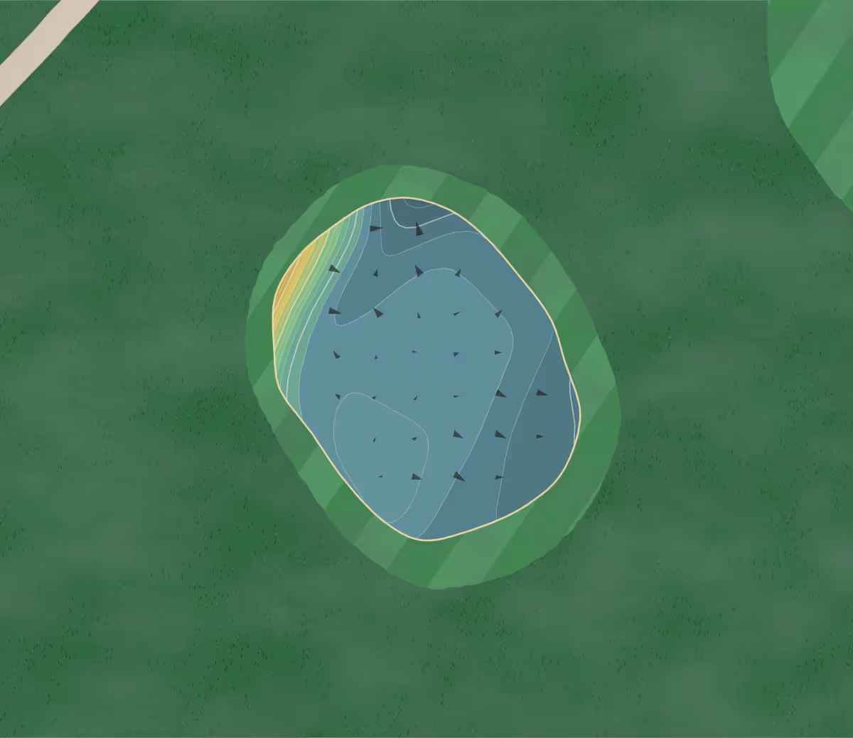 Green contour map of Shoreland in St. Peter, Minnesota — 190 elevation contours at a 3-inch interval with fall-line arrows, traced from 1-meter lidar