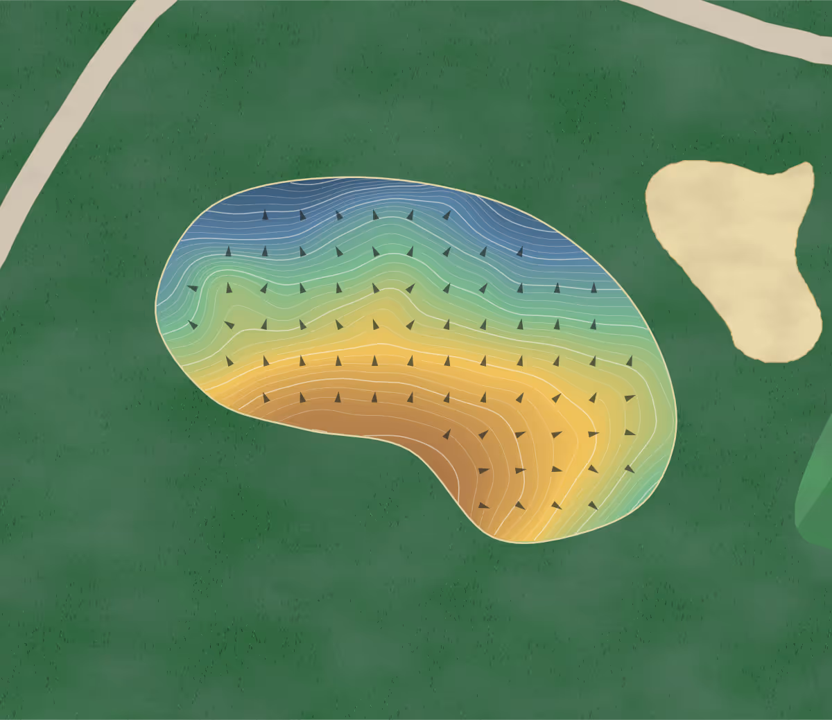 Green contour map of Shortland Waters in Shortland, Australia — 200 elevation contours at a 8-centimeter interval with fall-line arrows, traced from 1-meter lidar