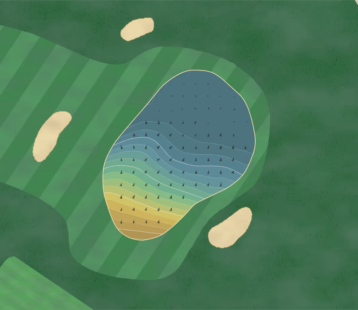 Green contour map of Shrivenham Park in Wiltshire, England — 128 elevation contours at a 8-centimeter interval with fall-line arrows, traced from 1-meter lidar