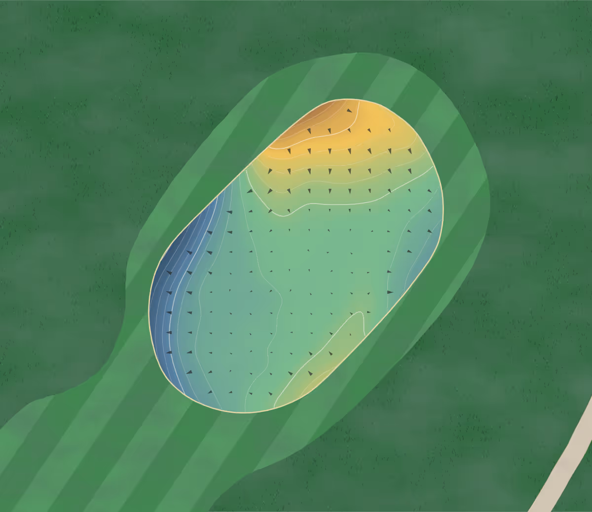 Green contour map of Sibley Golf in Sibley, Iowa — 86 elevation contours at a 3-inch interval with fall-line arrows, traced from 1-meter lidar
