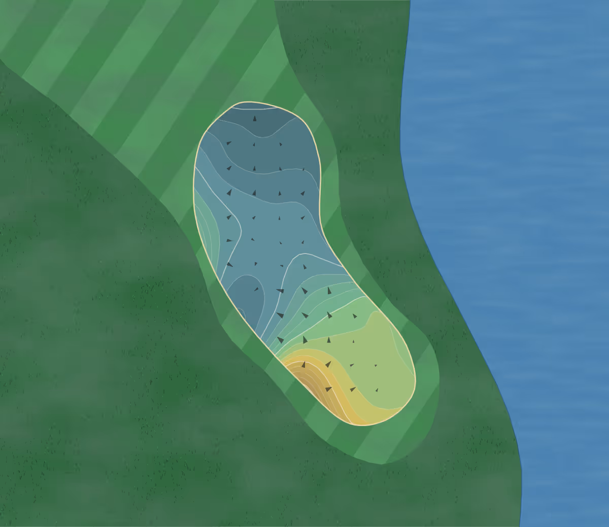 Green contour map of Sienna Gc in Missouri City, Texas — 184 elevation contours at a 3-inch interval with fall-line arrows, traced from 1-meter lidar