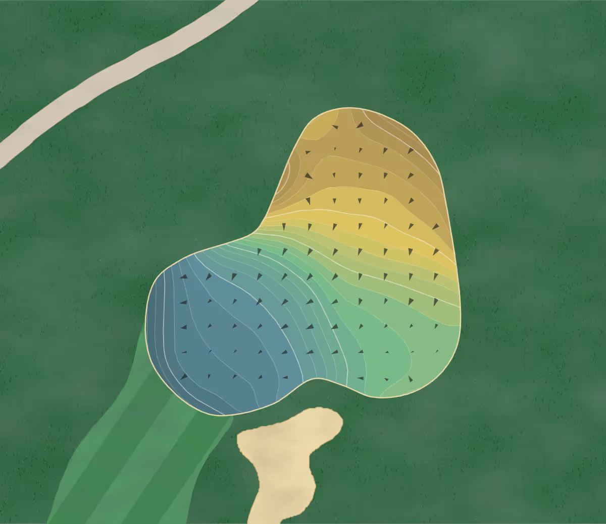 Green contour map of Sierra Lakes in Fontana, California — 268 elevation contours at a 3-inch interval with fall-line arrows, traced from 1-meter lidar