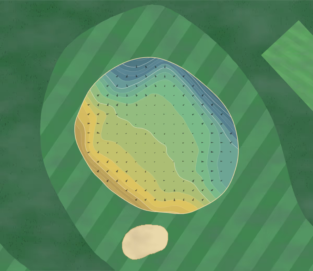 Green contour map of Silecroft GC in Nr Millom, England — 68 elevation contours at a 8-centimeter interval with fall-line arrows, traced from 1-meter lidar