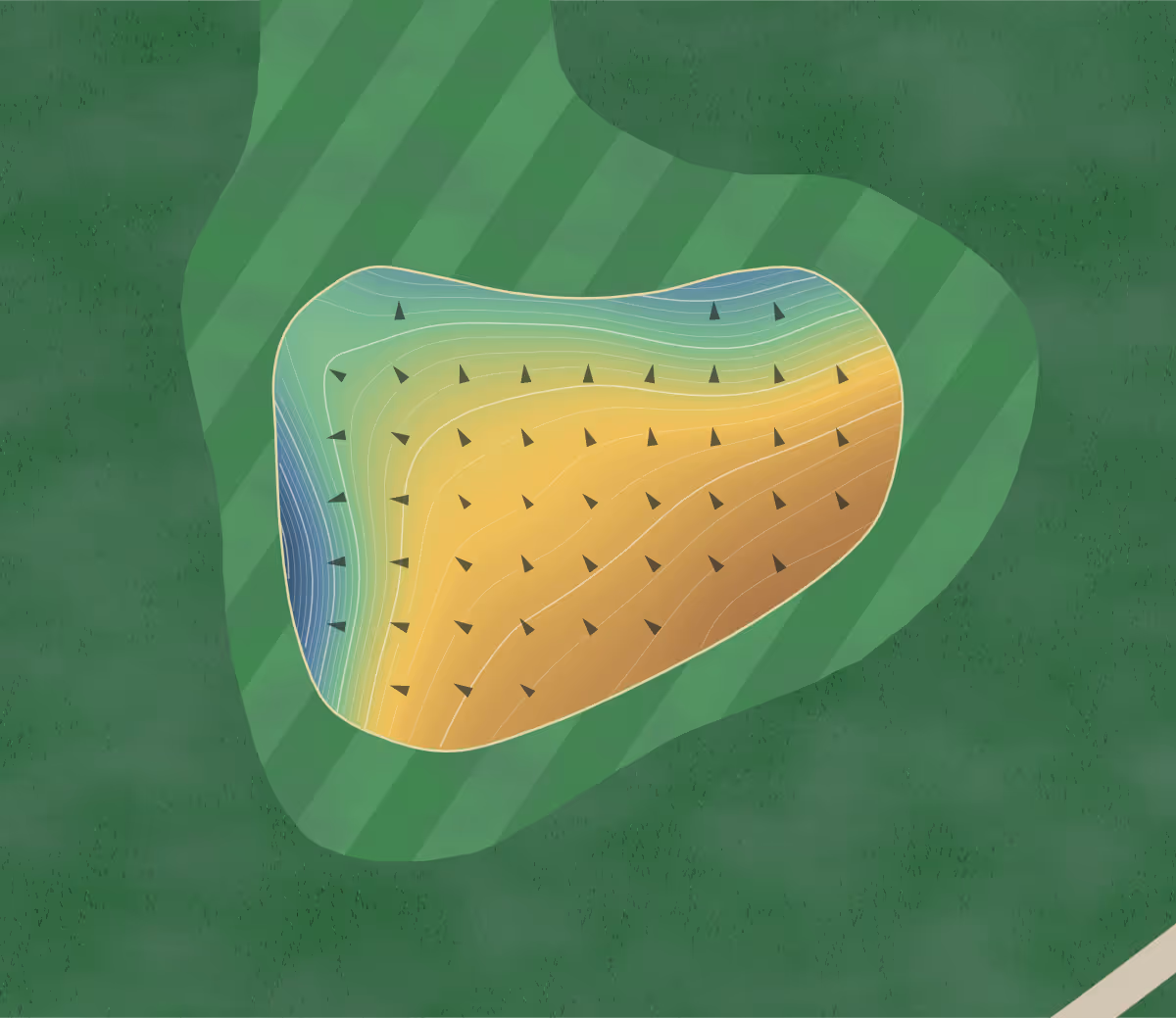 Green contour map of Silo Run GC in Boonville, North Carolina: 311 elevation contours at a 3-inch interval with fall-line arrows, traced from 1-meter lidar