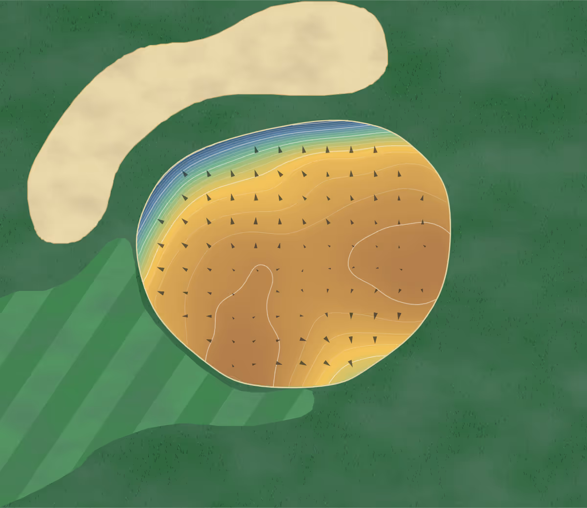 Green contour map of Silver Creek in Sault Ste. Marie, Canada: 203 elevation contours at a 8-centimeter interval with fall-line arrows, traced from 1-meter lidar