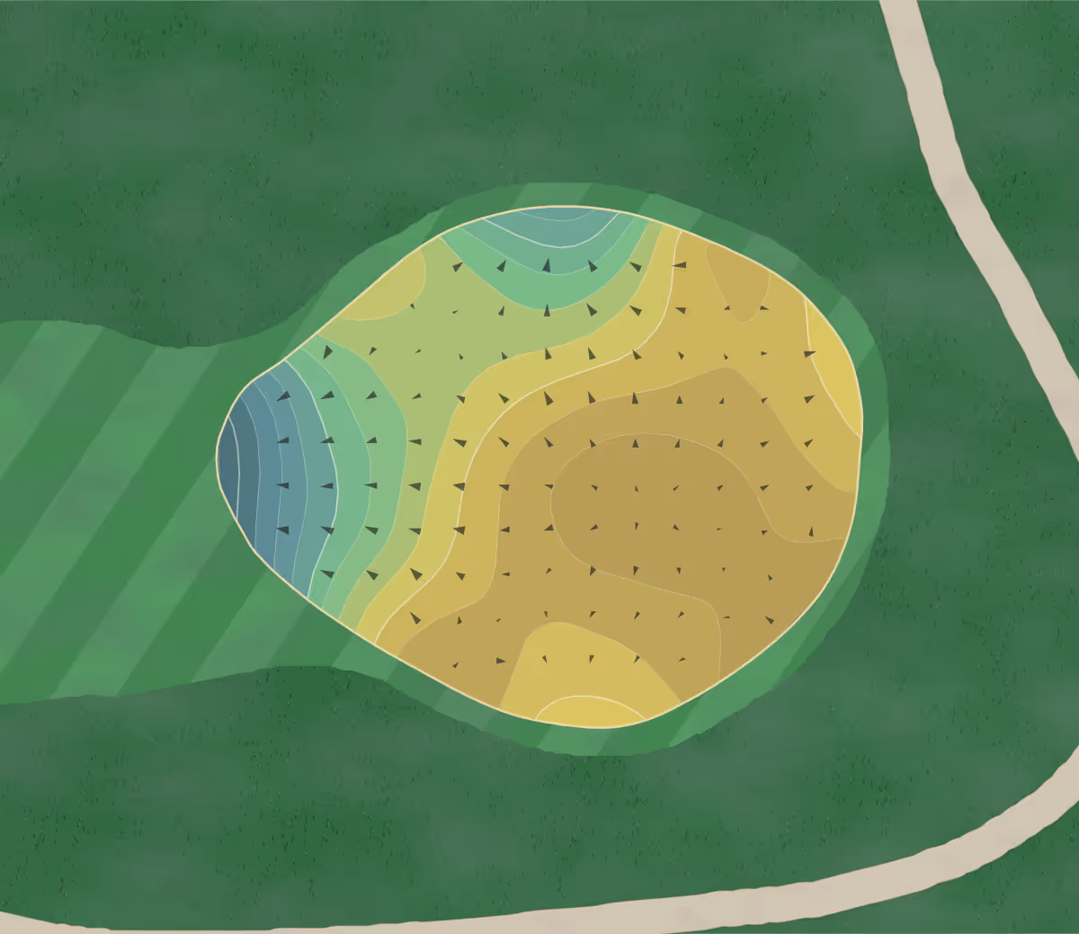 Green contour map of Silver Lake in Orland Park, Illinois — 356 elevation contours at a 3-inch interval with fall-line arrows, traced from 1-meter lidar