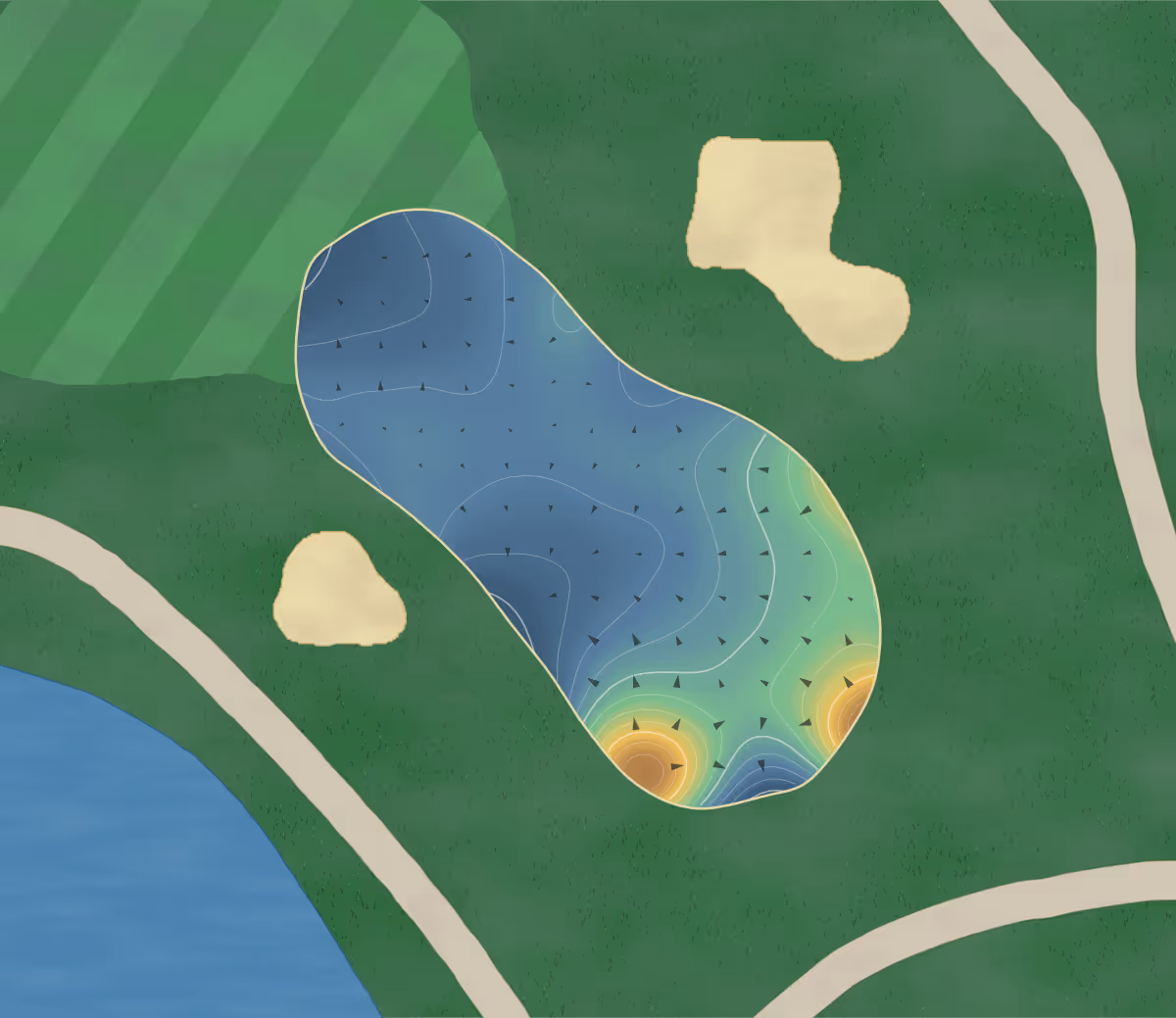 Green contour map of Silver Lakes in Innisfil, Canada — 193 elevation contours at a 8-centimeter interval with fall-line arrows, traced from 1-meter lidar