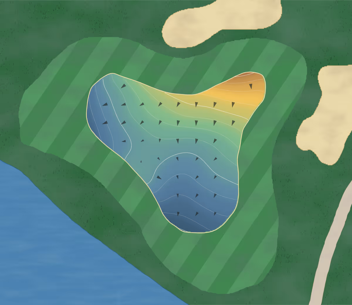 Green contour map of Silverado Golf and Country Club in Zephyrhills, Florida — 157 elevation contours at a 3-inch interval with fall-line arrows, traced from 1-meter lidar