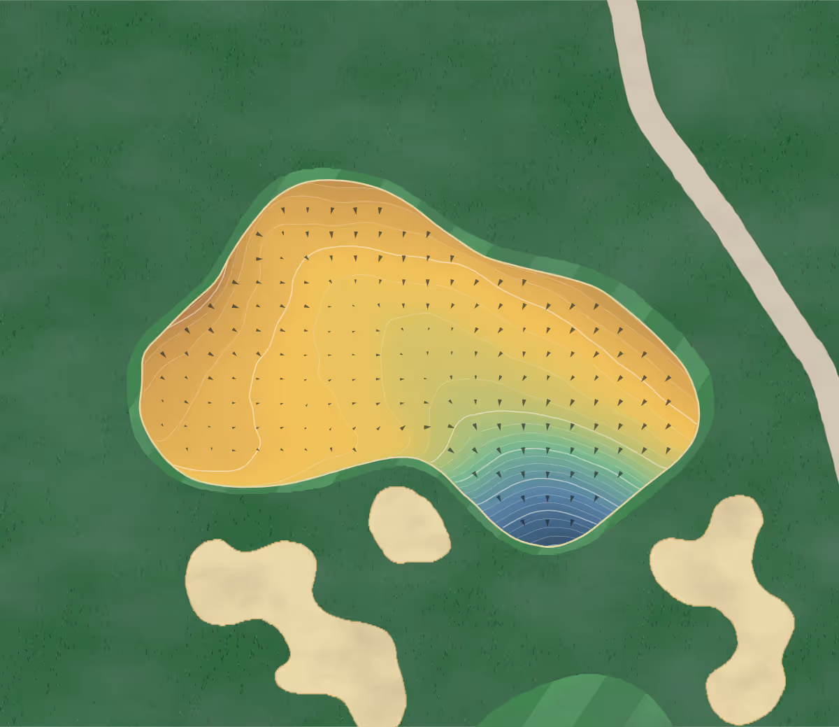 Green contour map of Silvertip in Canmore, Canada: 291 elevation contours at a 8-centimeter interval with fall-line arrows, traced from 1-meter lidar