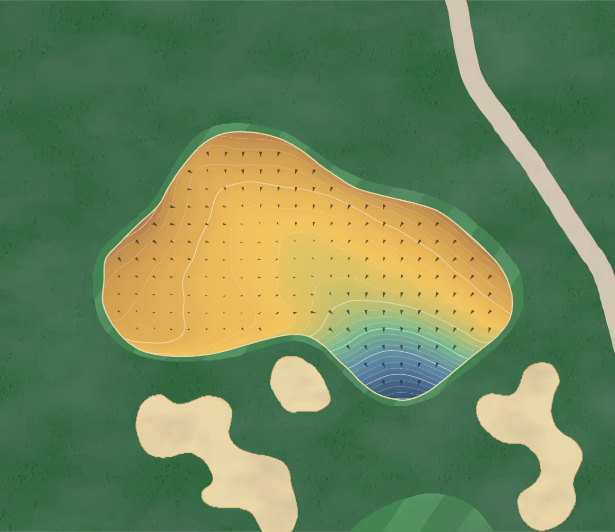 Green contour map of Silvertip in Canmore, Canada — 300 elevation contours at a 8-centimeter interval with fall-line arrows, traced from 1-meter lidar
