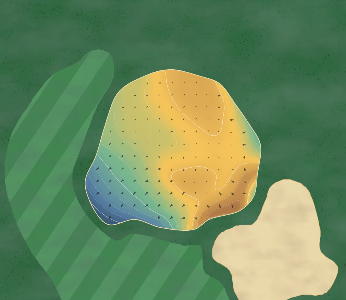 Green contour map of Silverwood in Saskatoon, Canada: 86 elevation contours at a 8-centimeter interval with fall-line arrows, traced from 1-meter lidar