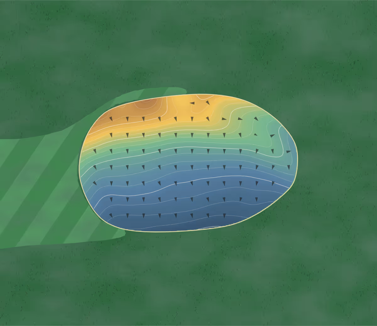 Green contour map of Simoro in Barrie, Canada: 199 elevation contours at a 8-centimeter interval with fall-line arrows, traced from 1-meter lidar