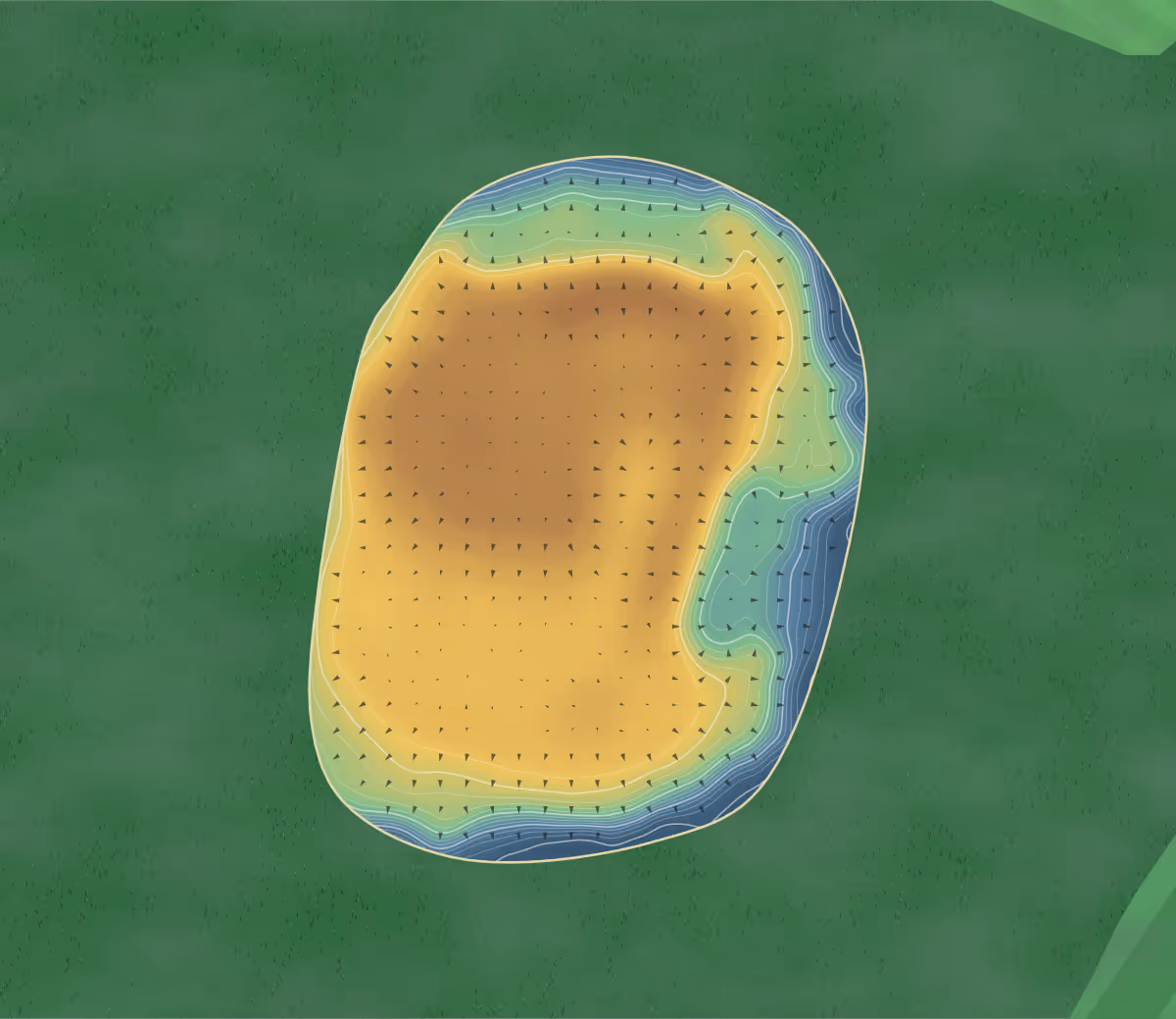 Green contour map of Singing Hills in Albourne, England: 18 elevation contours at a 8-centimeter interval with fall-line arrows, traced from 1-meter lidar